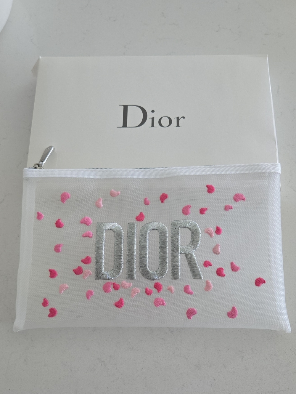 New never used DIOR white mesh zipper clutch/pouch W/ silver metallic logo